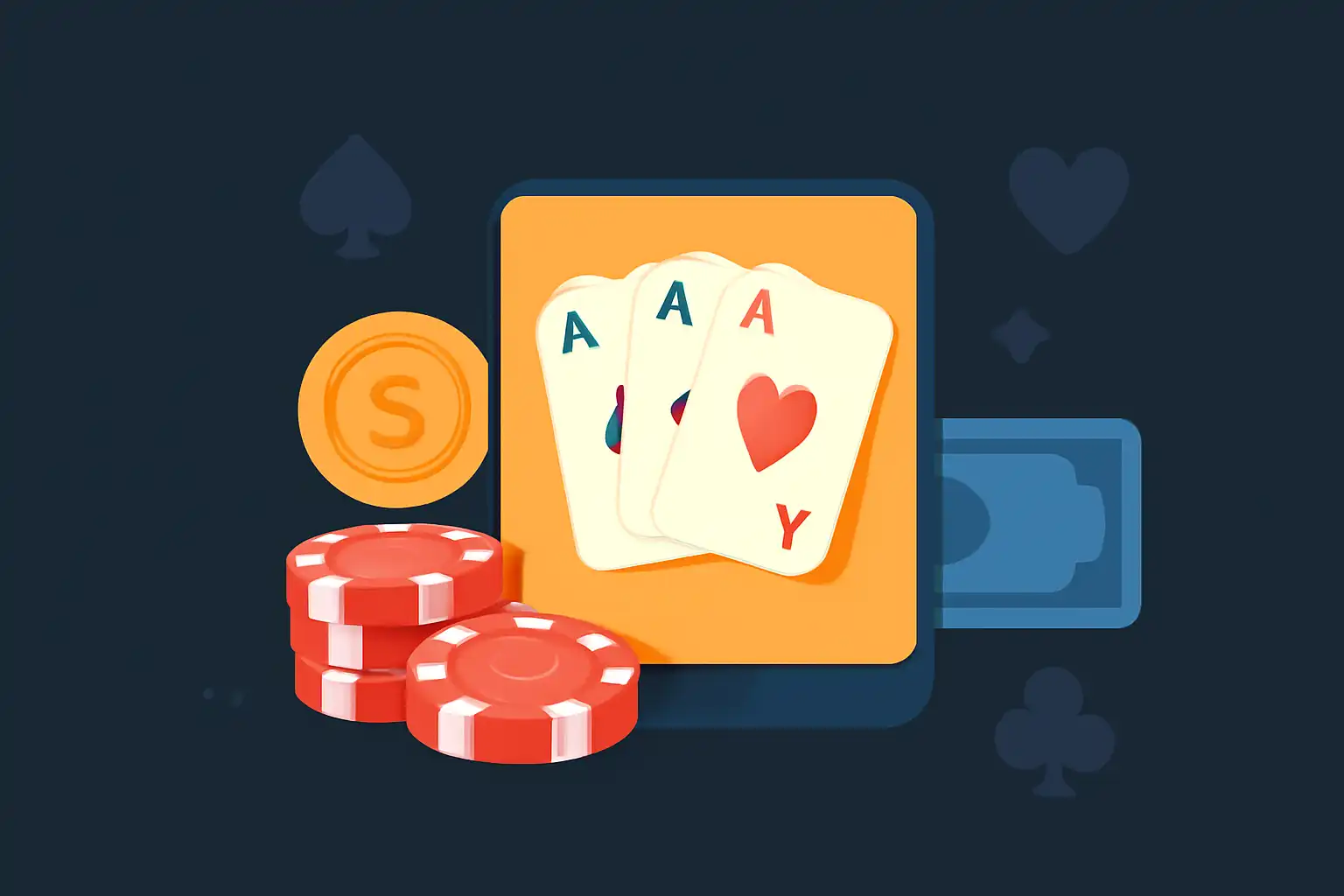 Hero illustration: Teen Patti Real Cash, modern flat design, dark background, brand-neutral, icons and shapes only, no text