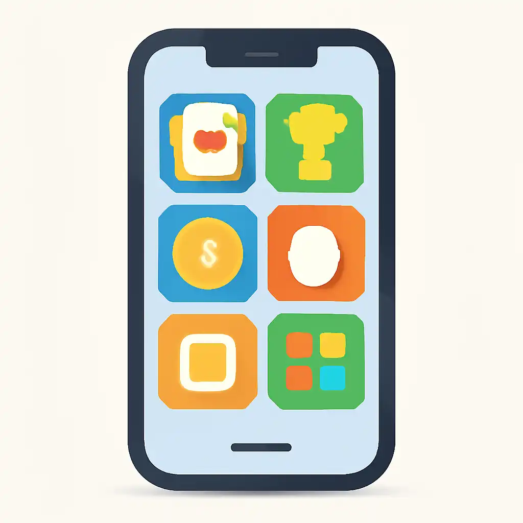 Smartphone shown from the front displaying a colourful flat layout of abstract game icons and rounded tiles (no text, no letters, no labels), Teen Patti Real Cash