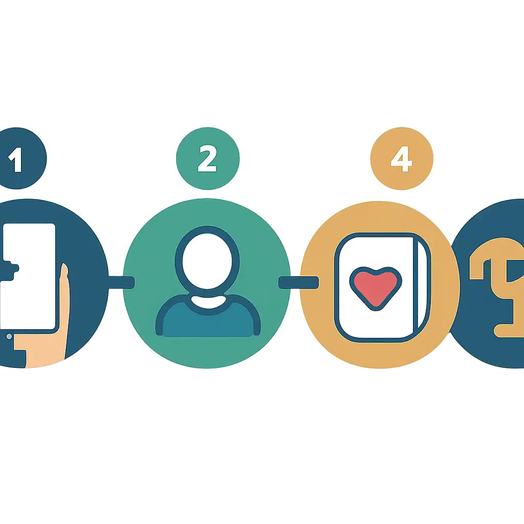 Five numbered circular icons connected by arrows in a horizontal flow, flat illustration, icons only, no words, Teen Patti Real Cash steps