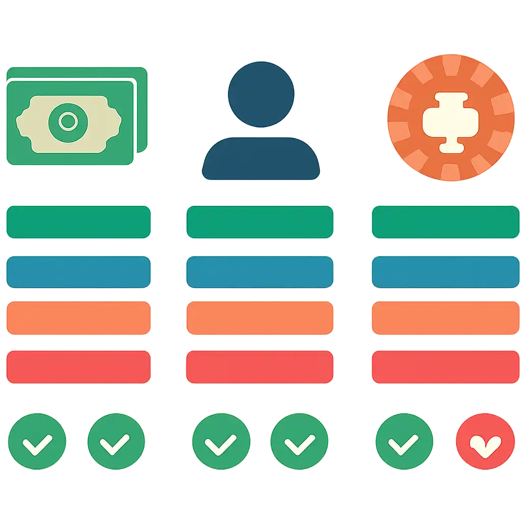 Infographic comparing options using coloured bars and icons only, no text or labels, flat design, Teen Patti Real Cash