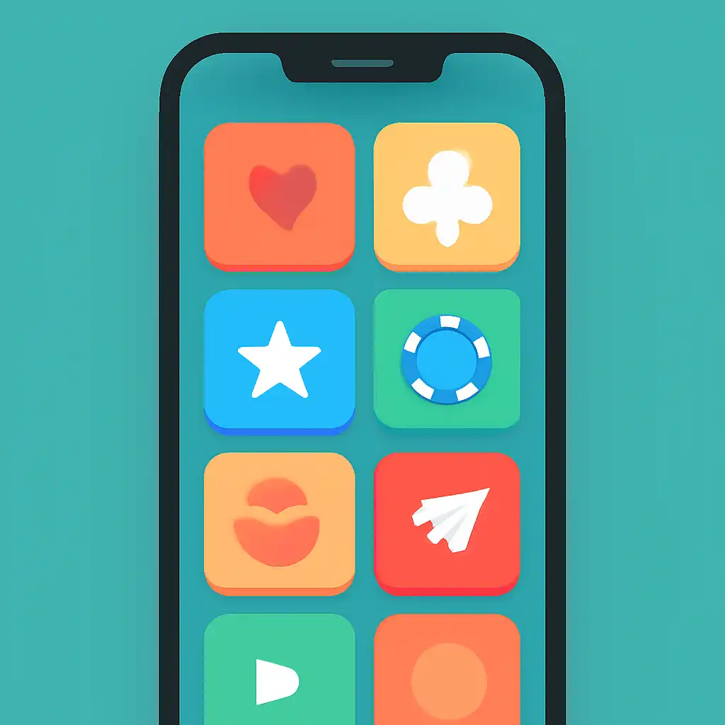 Smartphone shown from the front displaying a colourful flat layout of abstract game icons and rounded tiles, Teen Patti