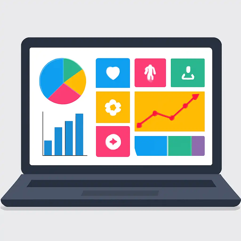 Laptop shown from the front displaying a colourful flat dashboard of abstract charts, bars and icon tiles, Teen Patti Real