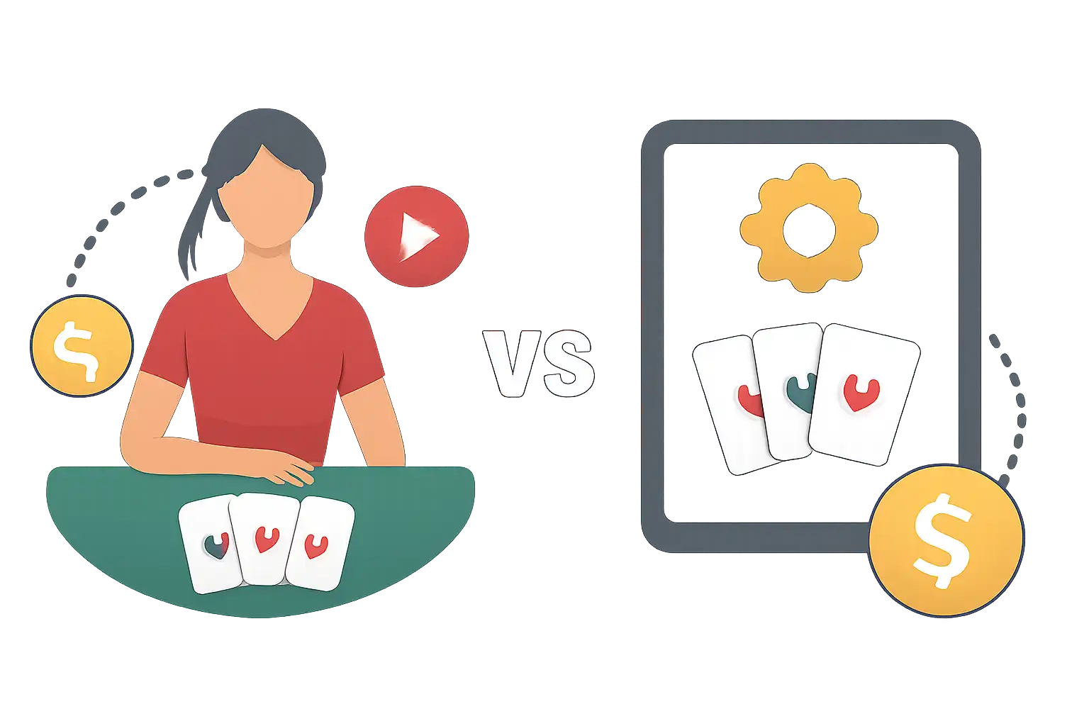 Hero illustration: Live Dealer vs RNG Teen Patti Real Cash Tables, modern flat design, dark background, brand-neutral, icons and shapes only, no text