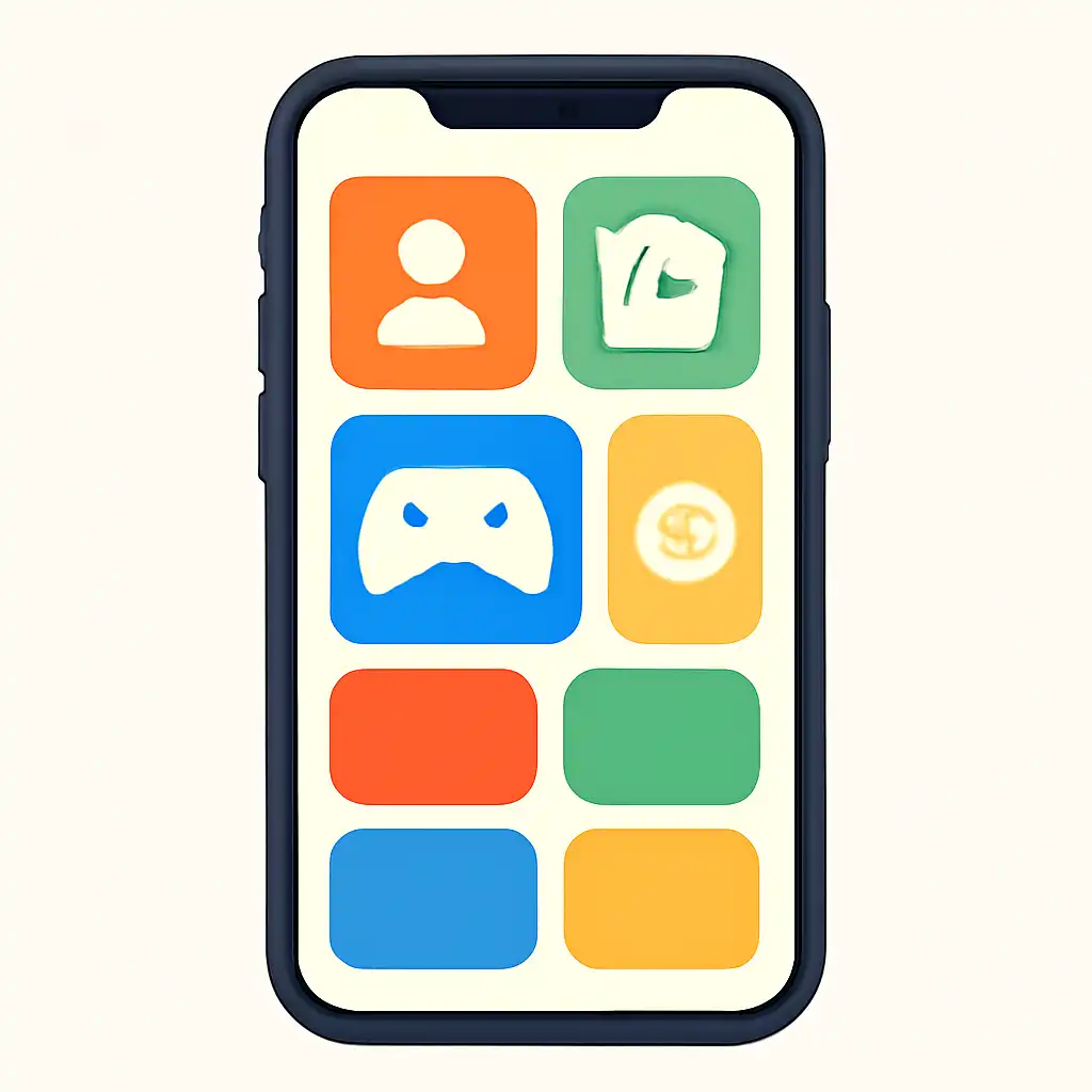 Smartphone shown from the front displaying a colourful flat layout of abstract game icons and rounded tiles (no text, no letters, no labels), Live Dealer vs RNG Teen Patti Real Cash Tables