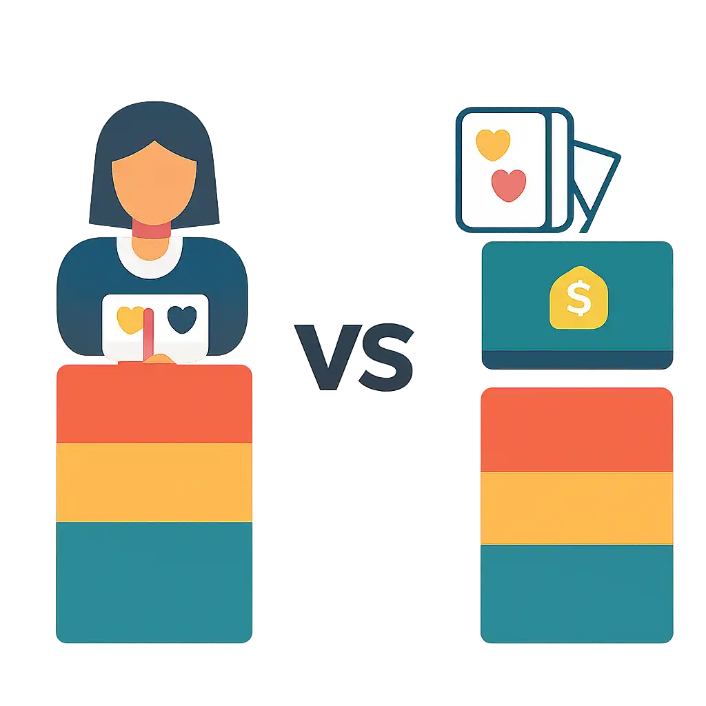 Infographic comparing options using coloured bars and icons only, no text or labels, flat design, Live Dealer vs RNG Teen Patti Real Cash Tables
