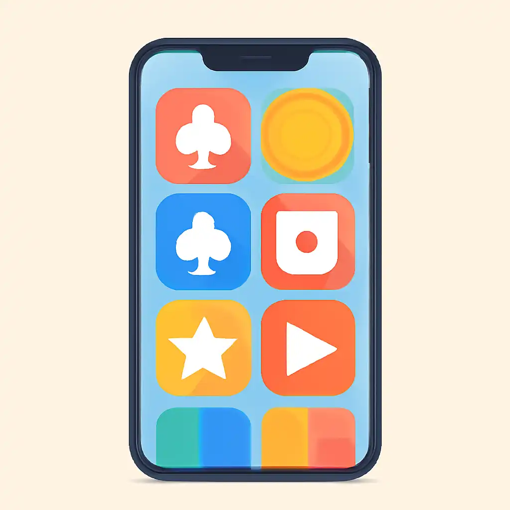 Smartphone shown from the front displaying a colourful flat layout of abstract game icons and rounded tiles, How to Play