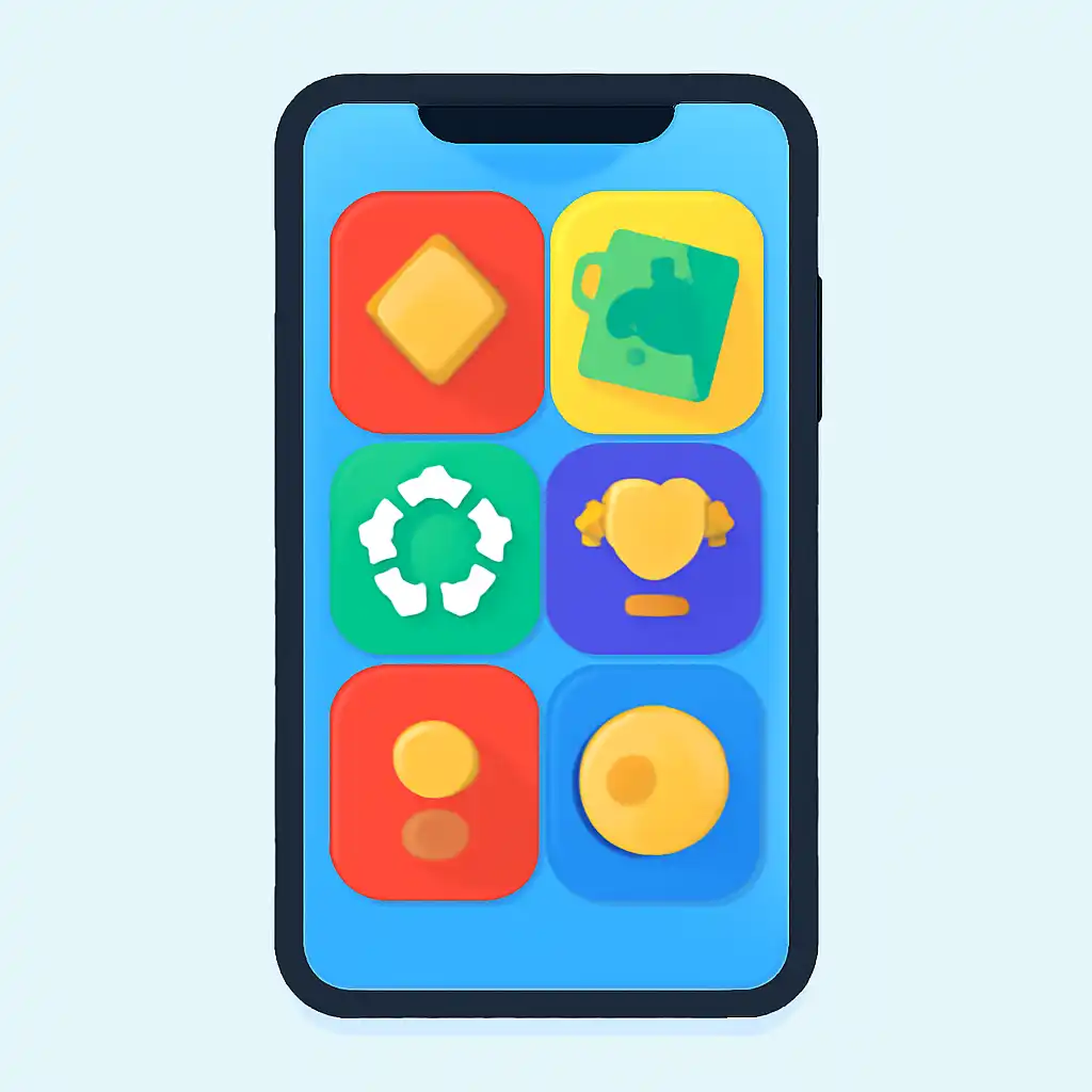 Smartphone shown from the front displaying a colourful flat layout of abstract game icons and rounded tiles, Teen Patti