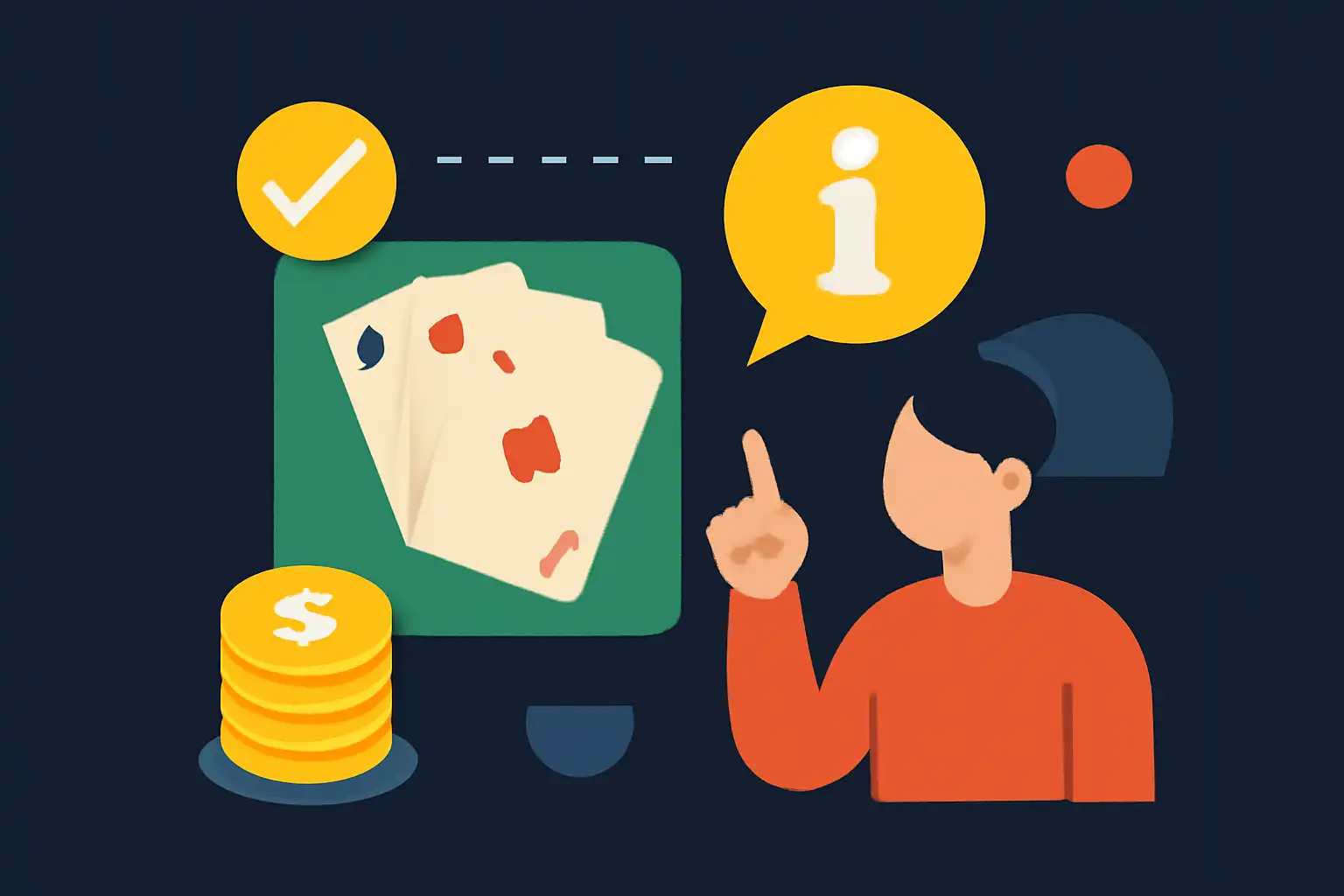 Hero illustration: Teen Patti Real Cash Rules Explained for Beginners, modern flat design, dark background, brand-neutral, icons and shapes only, no text