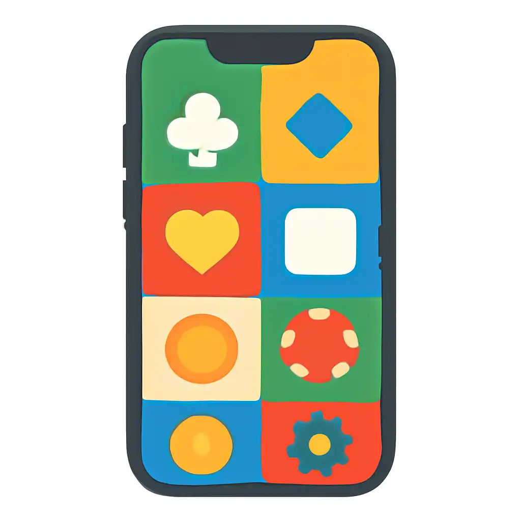 Smartphone shown from the front displaying a colourful flat layout of abstract game icons and rounded tiles (no text, no letters, no labels), Teen Patti Real Cash Rules Explained for Beginners