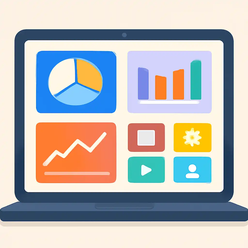 Laptop shown from the front displaying a colourful flat dashboard of abstract charts, bars and icon tiles (no text, no letters, no labels), Teen Patti Real Cash Rules Explained for Beginners