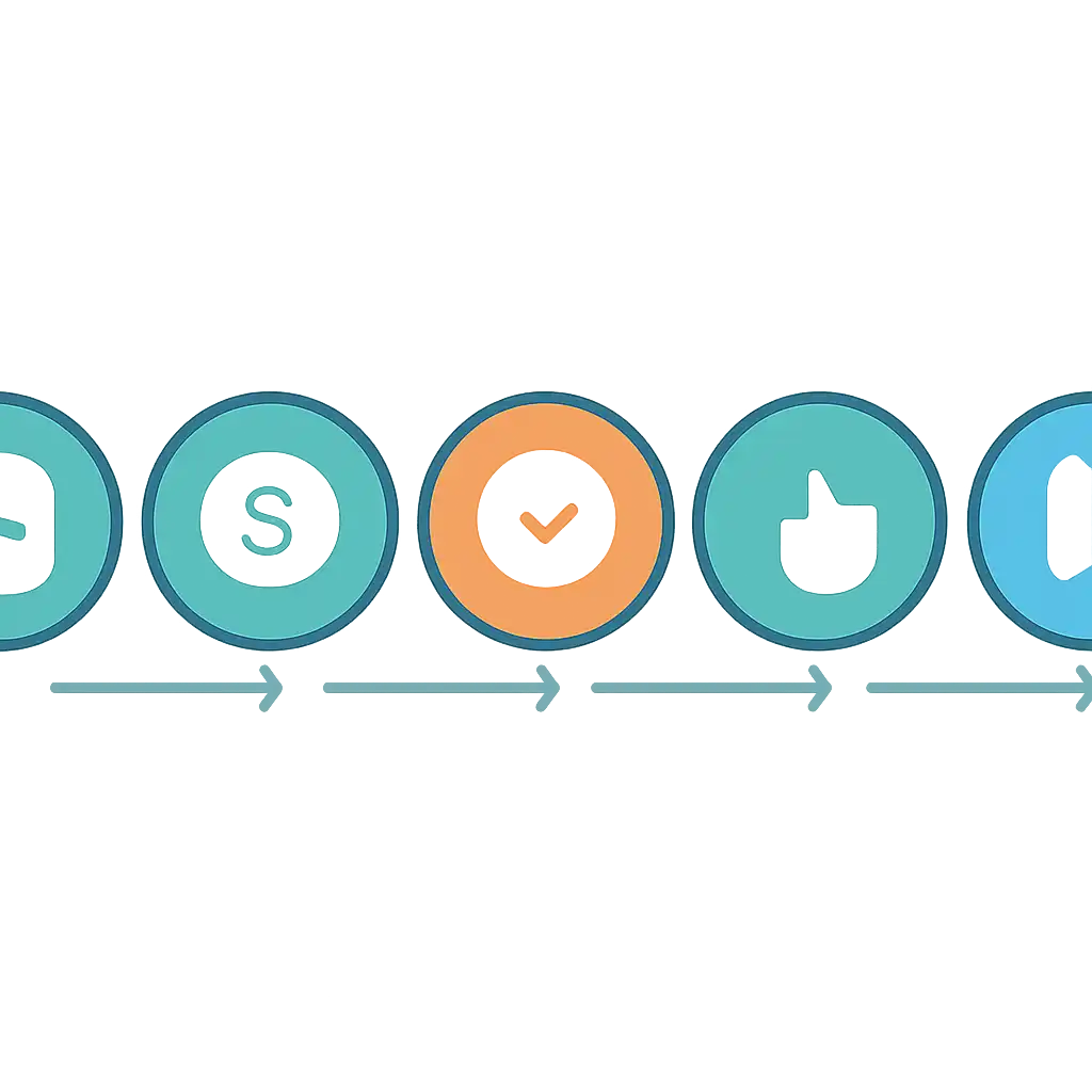 Five numbered circular icons connected by arrows in a horizontal flow, flat illustration, icons only, no words, Teen Patti Real Cash Rules Explained for Beginners steps