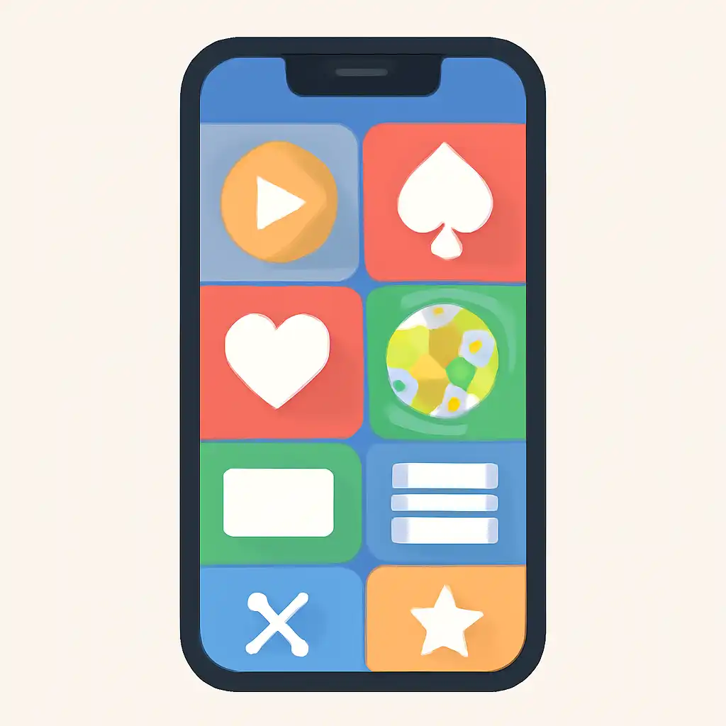 Smartphone shown from the front displaying a colourful flat layout of abstract game icons and rounded tiles, Live Dealer vs