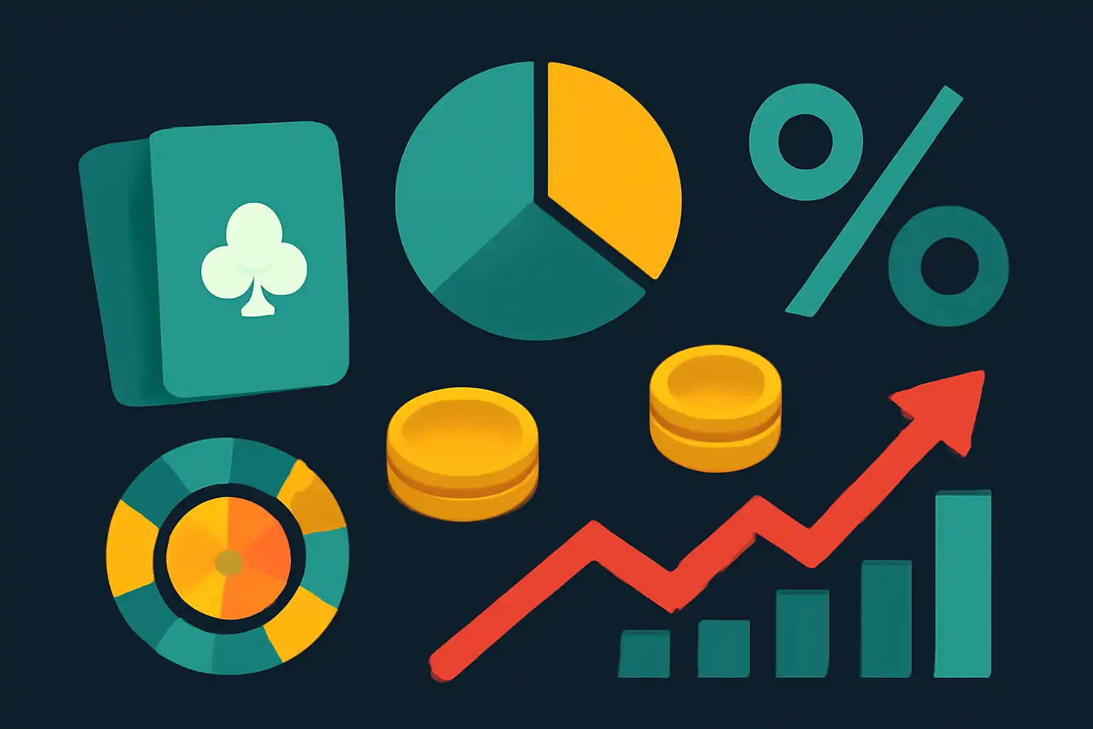Hero illustration: Teen Patti Real Cash Odds, Payouts and House Edge, modern flat design, dark background, brand-neutral, icons and shapes only, no text