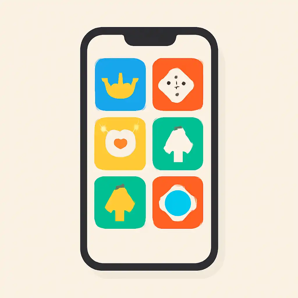 Smartphone shown from the front displaying a colourful flat layout of abstract game icons and rounded tiles (no text, no letters, no labels), Teen Patti Real Cash Odds, Payouts and House Edge