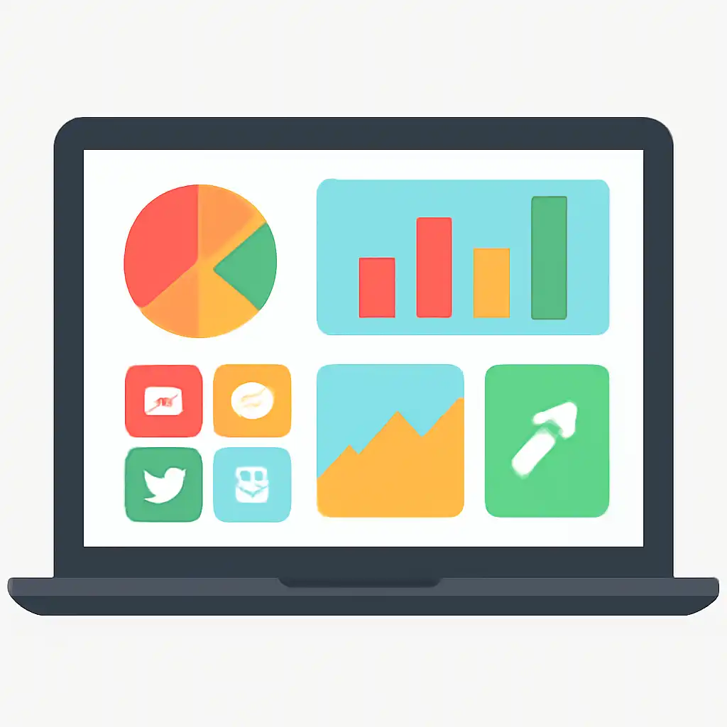 Laptop shown from the front displaying a colourful flat dashboard of abstract charts, bars and icon tiles (no text, no letters, no labels), Teen Patti Real Cash Odds, Payouts and House Edge