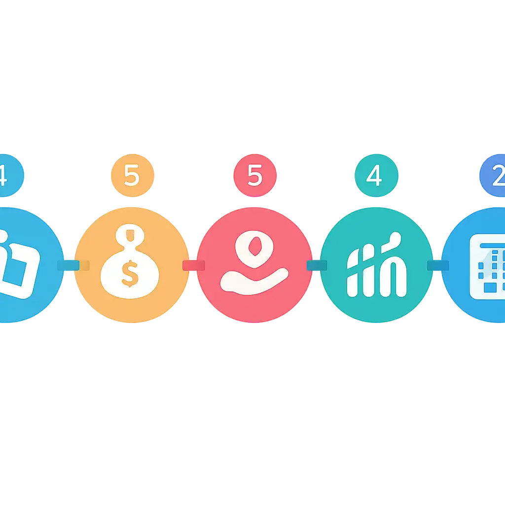 Five numbered circular icons connected by arrows in a horizontal flow, flat illustration, icons only, no words, Teen Patti Real Cash Odds, Payouts and House Edge steps