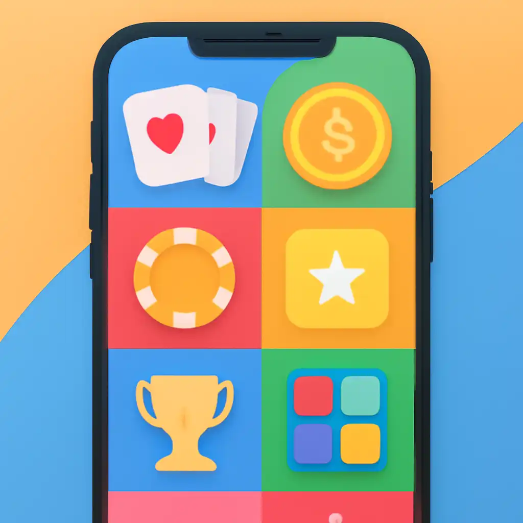 Smartphone shown from the front displaying a colourful flat layout of abstract game icons and rounded tiles (no text, no letters, no labels), Teen Patti Real Cash Real-Money Play: Deposits and Withdrawals