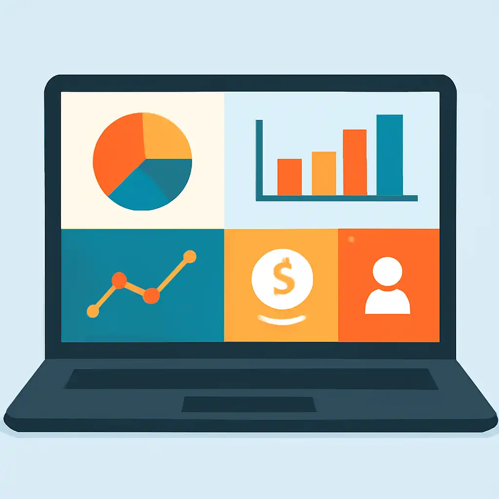 Laptop shown from the front displaying a colourful flat dashboard of abstract charts, bars and icon tiles (no text, no letters, no labels), Teen Patti Real Cash Real-Money Play: Deposits and Withdrawals