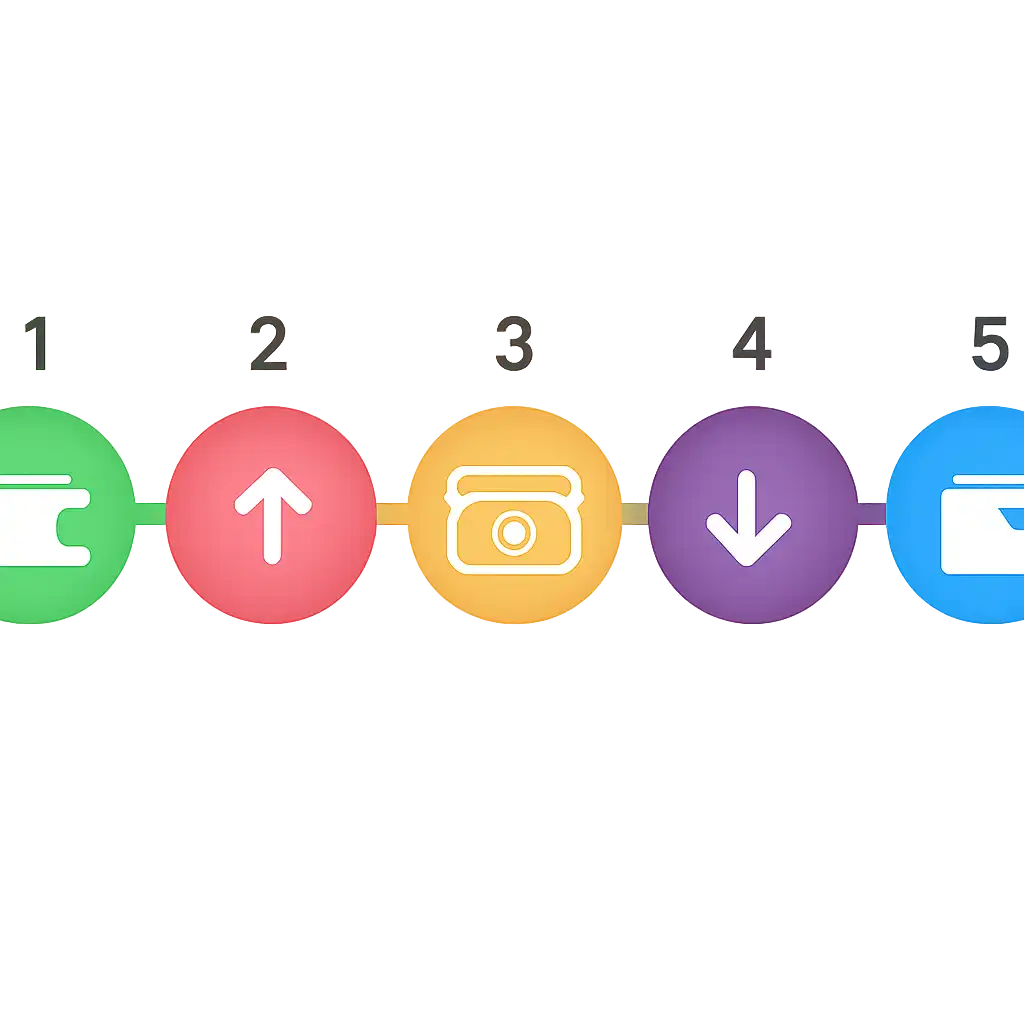 Five numbered circular icons connected by arrows in a horizontal flow, flat illustration, icons only, no words, Teen Patti Real Cash Real-Money Play: Deposits and Withdrawals steps