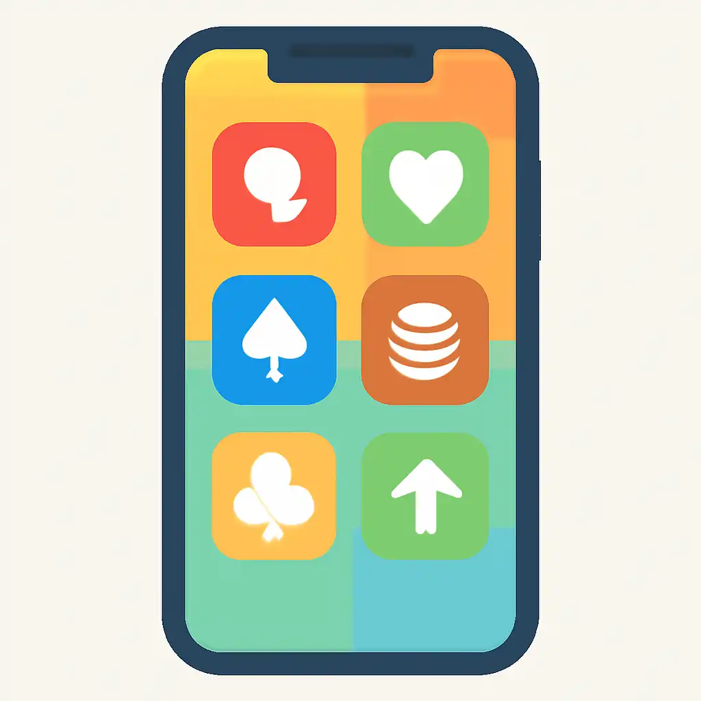 Smartphone shown from the front displaying a colourful flat layout of abstract game icons and rounded tiles, Teen Patti