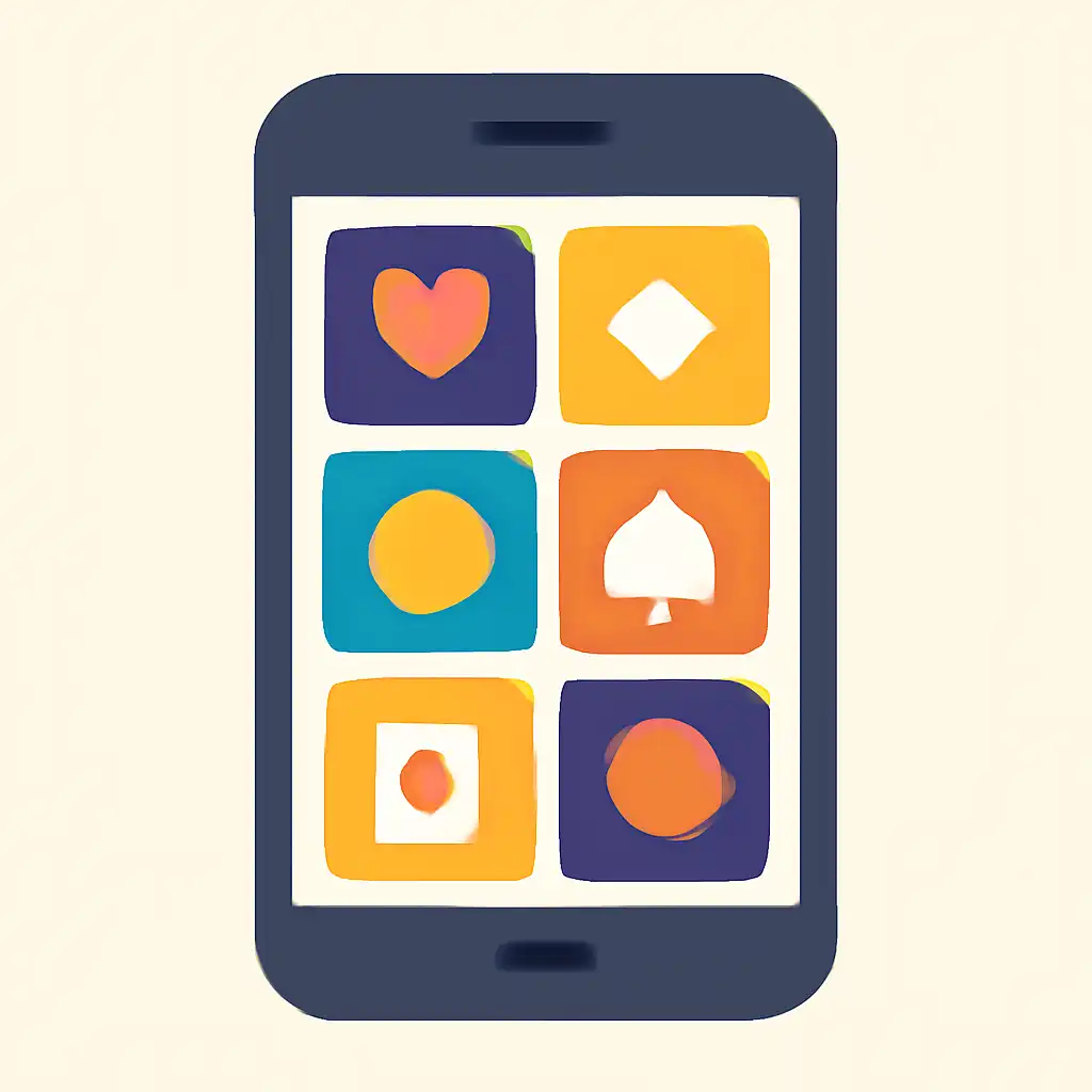 Smartphone shown from the front displaying a colourful flat layout of abstract game icons and rounded tiles, Teen Patti