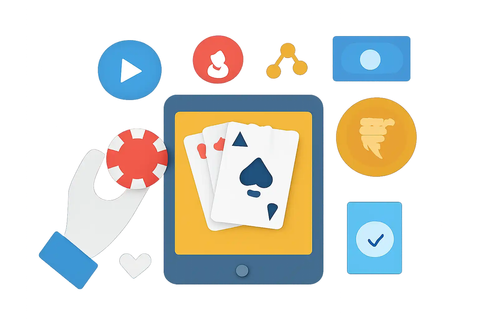 Hero illustration: How to Play Teen Patti Real Cash Online in India, modern flat design, dark background, brand-neutral, icons and shapes only, no text