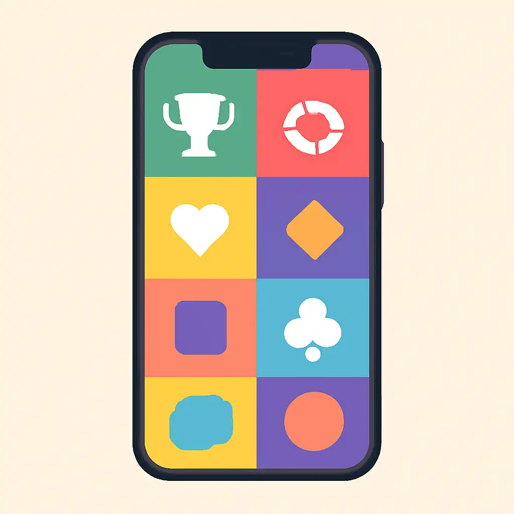 Smartphone shown from the front displaying a colourful flat layout of abstract game icons and rounded tiles (no text, no letters, no labels), How to Play Teen Patti Real Cash Online in India