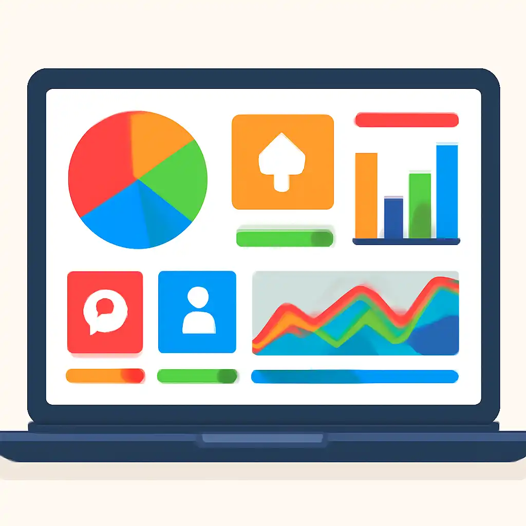 Laptop shown from the front displaying a colourful flat dashboard of abstract charts, bars and icon tiles (no text, no letters, no labels), How to Play Teen Patti Real Cash Online in India