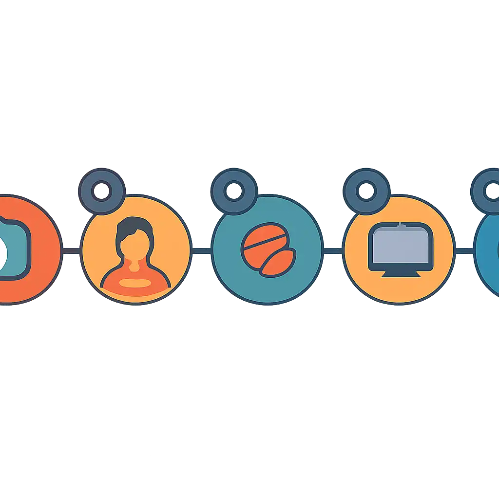 Five numbered circular icons connected by arrows in a horizontal flow, flat illustration, icons only, no words, How to Play Teen Patti Real Cash Online in India steps